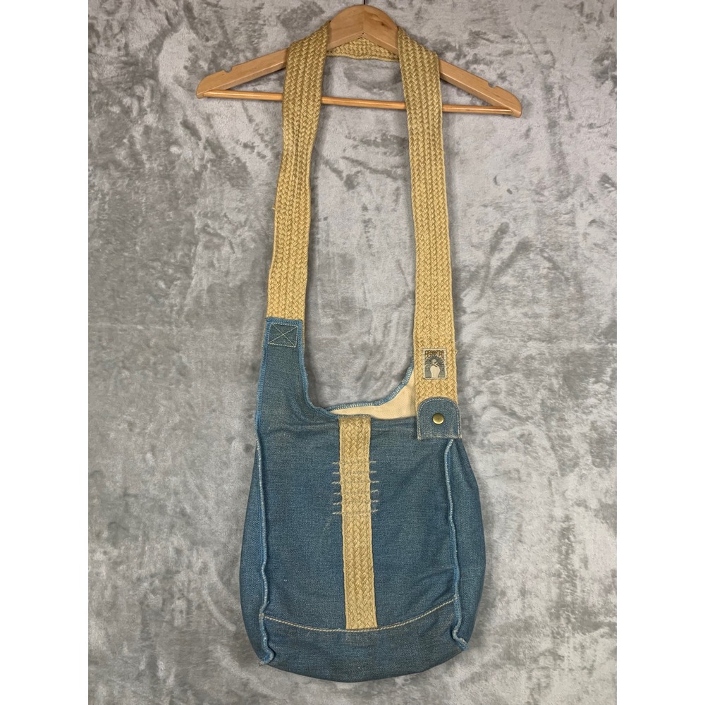 VTG Simple Brand Crossbody Bag Distressed Canvas Jute Blue Boho Y2K Granola Girl